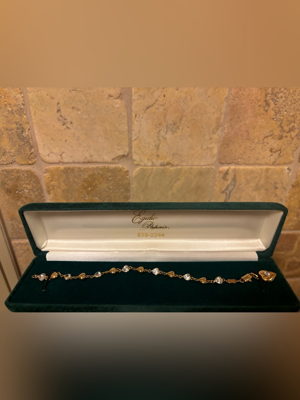 VINTAGE Italian 14K Gold Puffy Heart Charm Clear Gem Oval Link Chain Bracelet